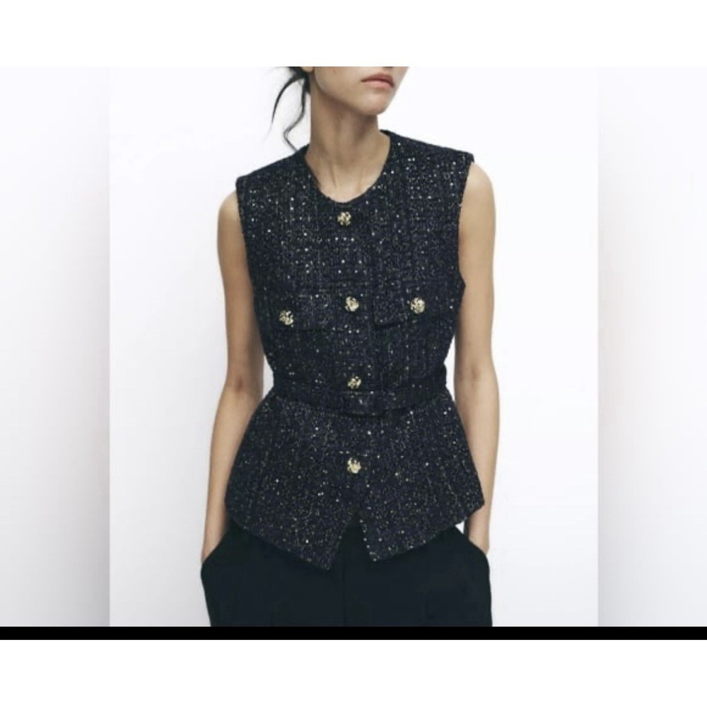 NWT Zara Women BELTED SEQUIN STRUCTURED VEST Navy Blue‎ Size L Large